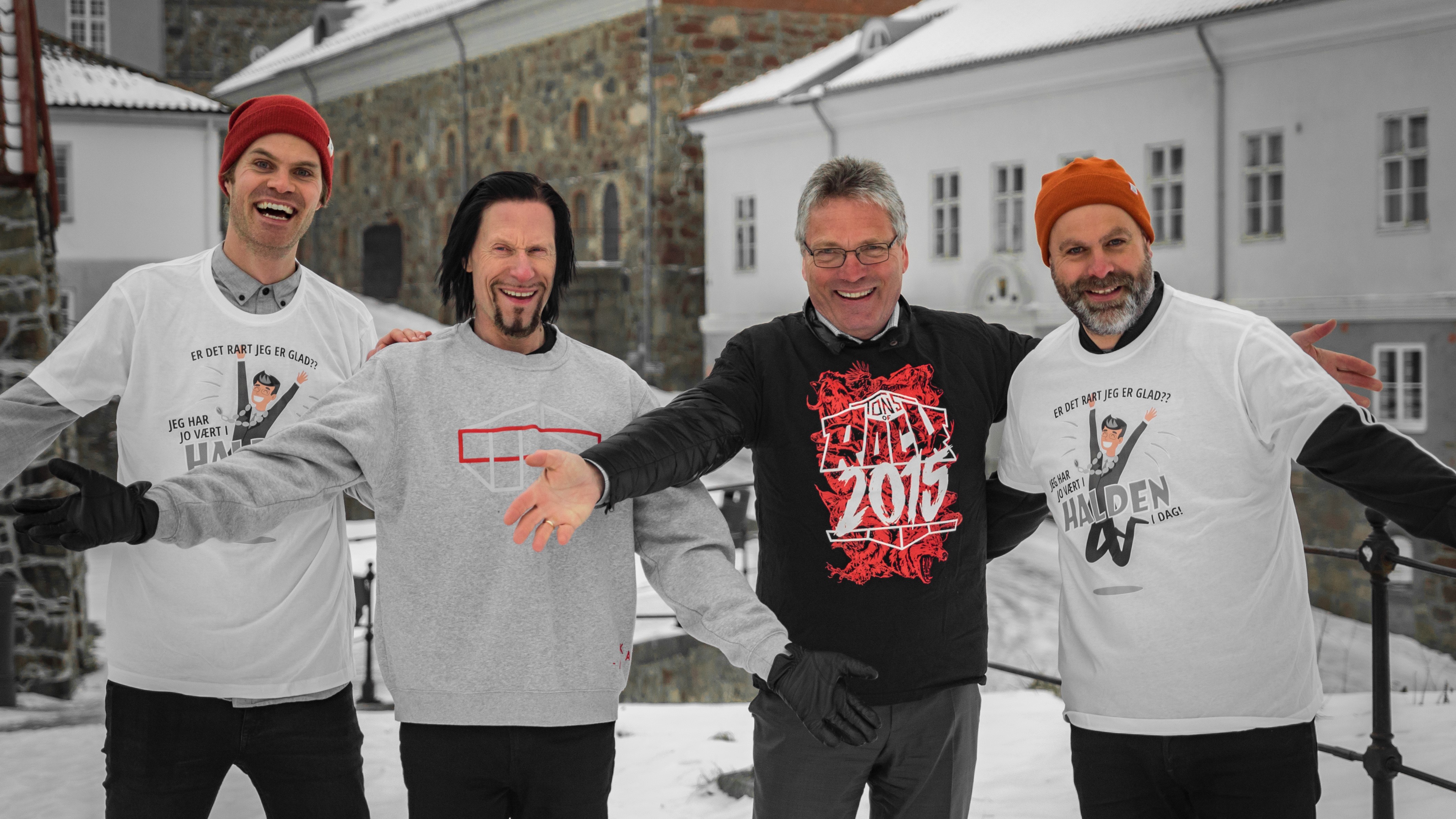 God stemning når Tons of Rock og Halden ønsker velkommen til Arrangørkonferansen 2018. F.v.: kommunikasjonsansvarlig i NKA Andreas Feen Sørensen, festivalsjef Tons of Rock Svein Bjørge, ordfører i Halden Thor Edquist og prosjektansvarlig i NKA Anders Tangen. Foto: Trond-Atle Bokerud.