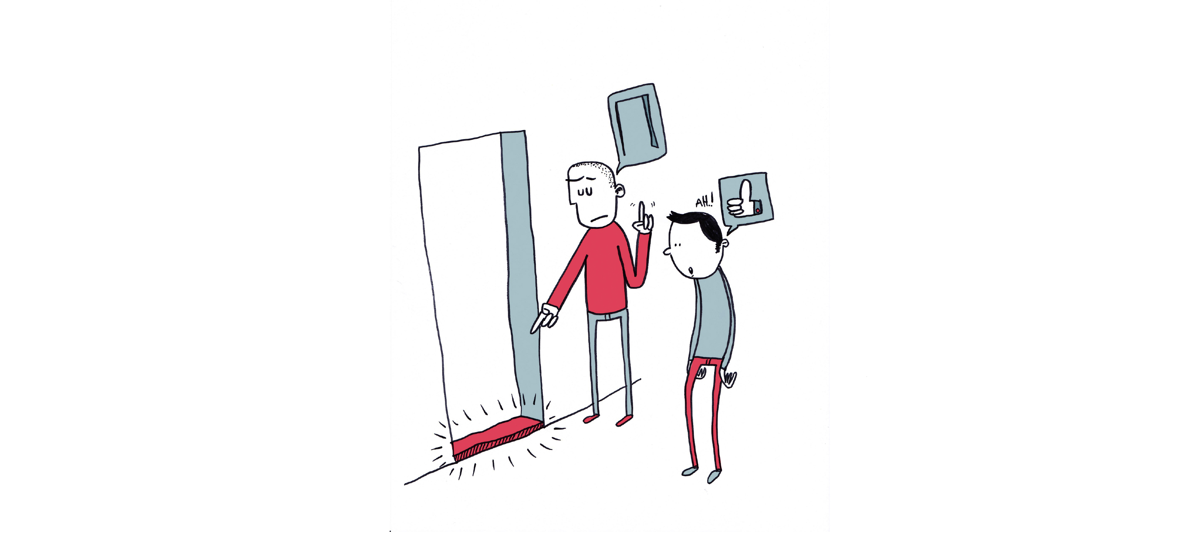 Dekorativ illustrasjon av to stykker som ser på en dørstokk og hvor den ene tenker at dette er ok og den andre tenker at det ikke er det.