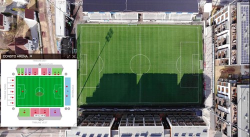 Bilde av fotballbane med med illustrasjon av banen med oversikts- og seksjonskart ved siden av.