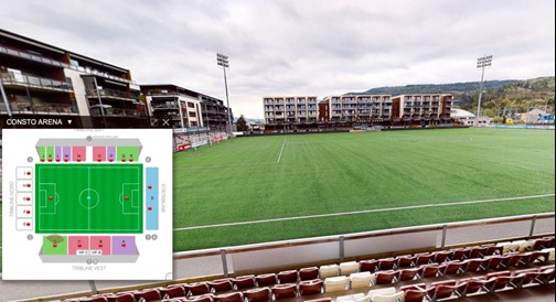 Bilde av fotballbane fra tribunen. Illustrasjonsbilde med oversikts- og seksjonskart på siden.